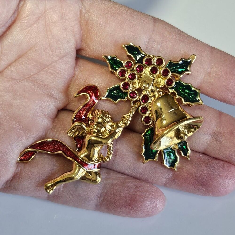 Avon SMITHSONIAN CHRISTMAS ANGEL BELL Rhinestone Enamel DANGLE PIN BROOCH